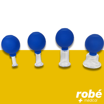 Set de 4 ventouses de tailles différentes, poires en PVC 5,1 cm de diamètre et embouts en verre