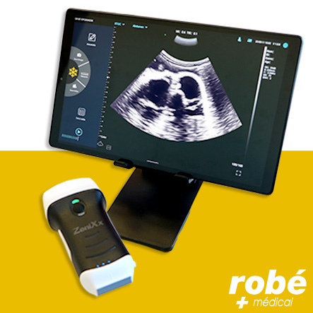 Échographe doppler couleur avec 2 sondes convexe, linéraire, multifréquences - Tablette et support.