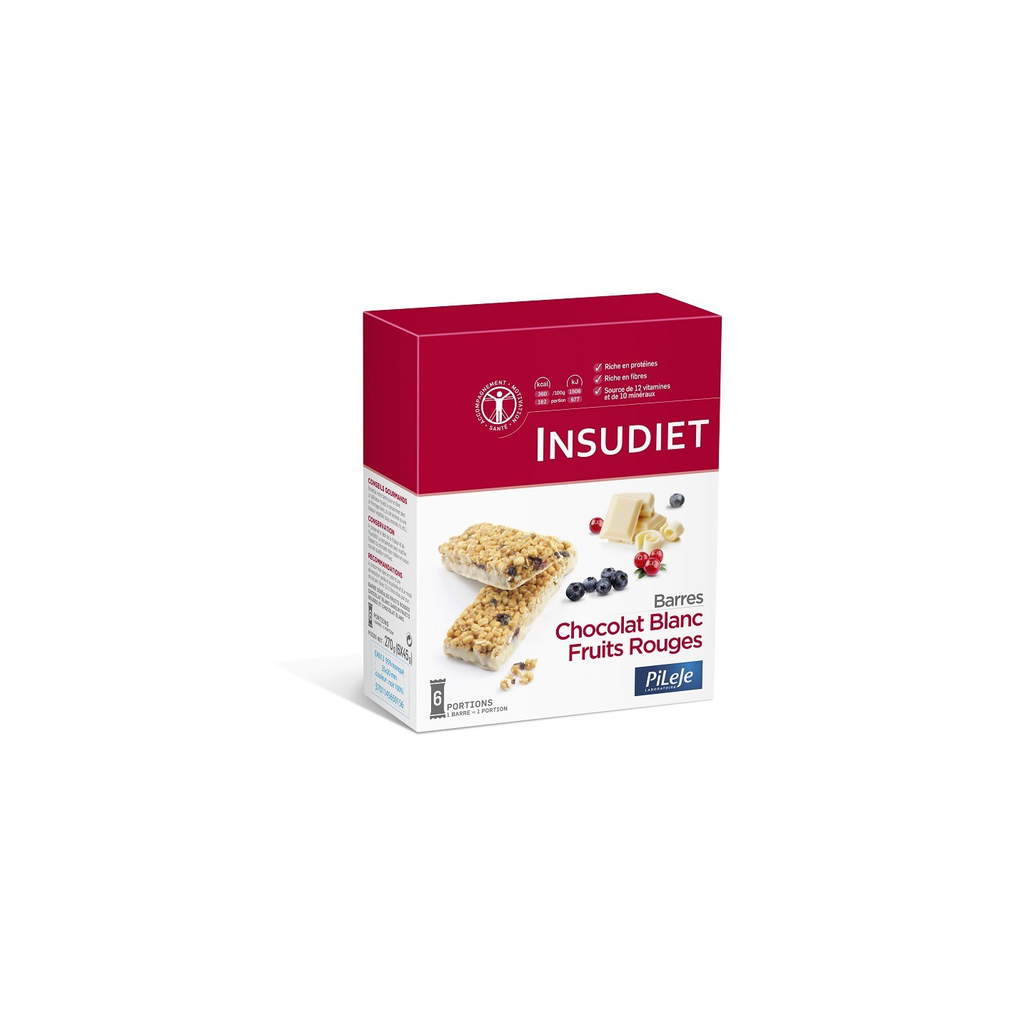 Insudiet Barre chocolat blanc fruits rouges - 6 barres