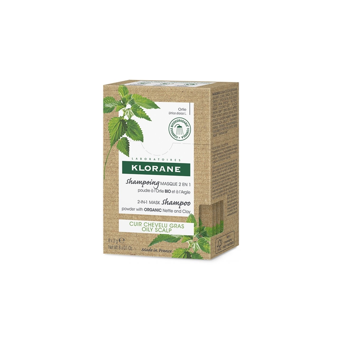 Klorane Shampoing masque 2 en 1 poudre à l'Ortie Bio et argile - 8 sachets