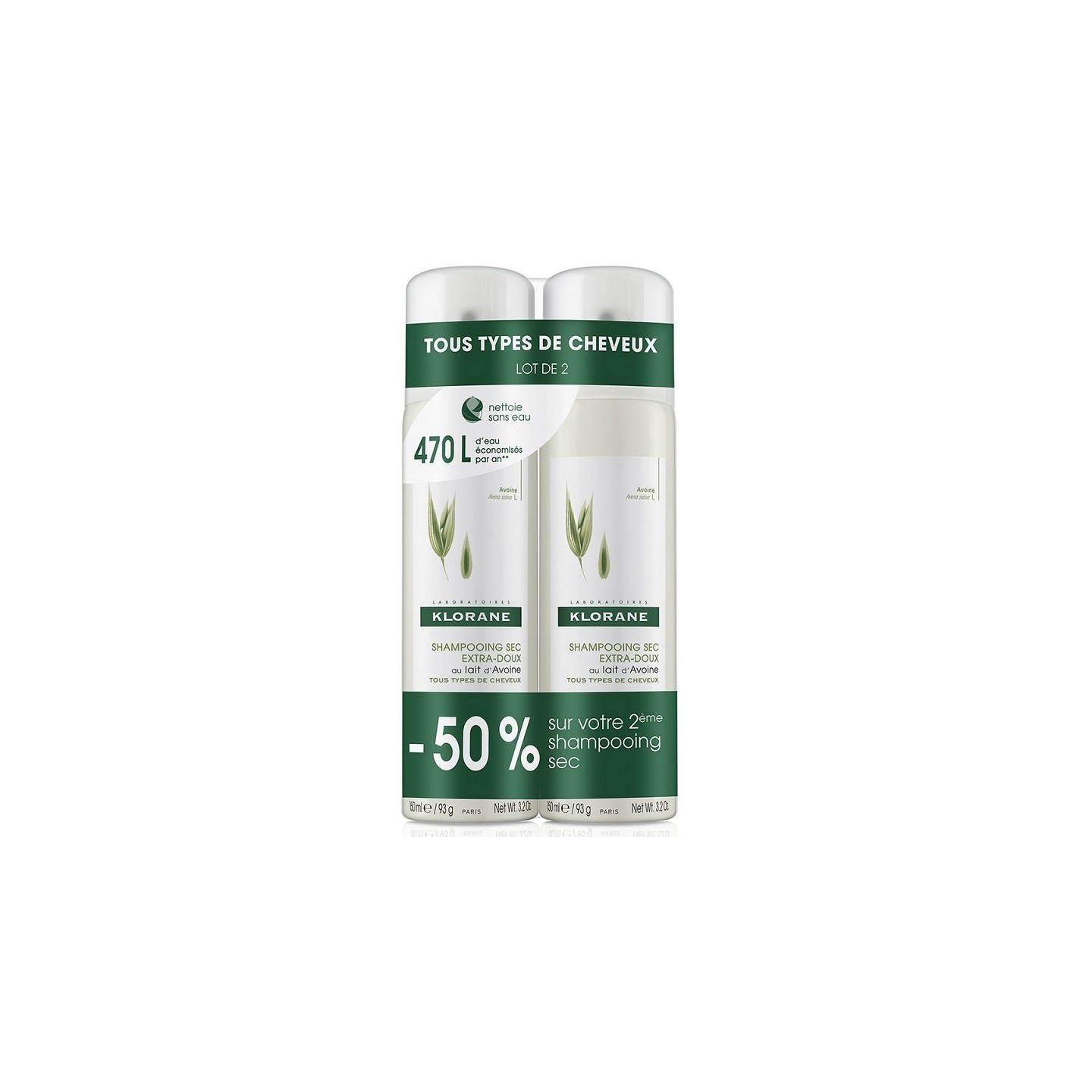 Klorane Shampoing sec extra doux Avoine et Céramide - 2 x 150ml