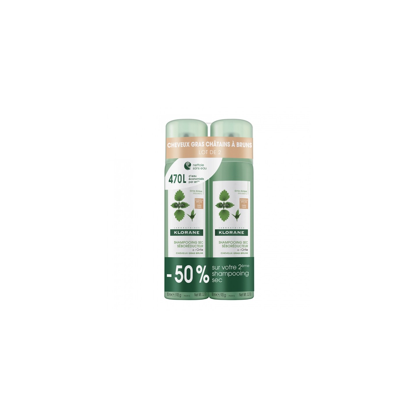 Klorane Shampoing sec sébo-régulateur à l'ortie - 2 x 150ml