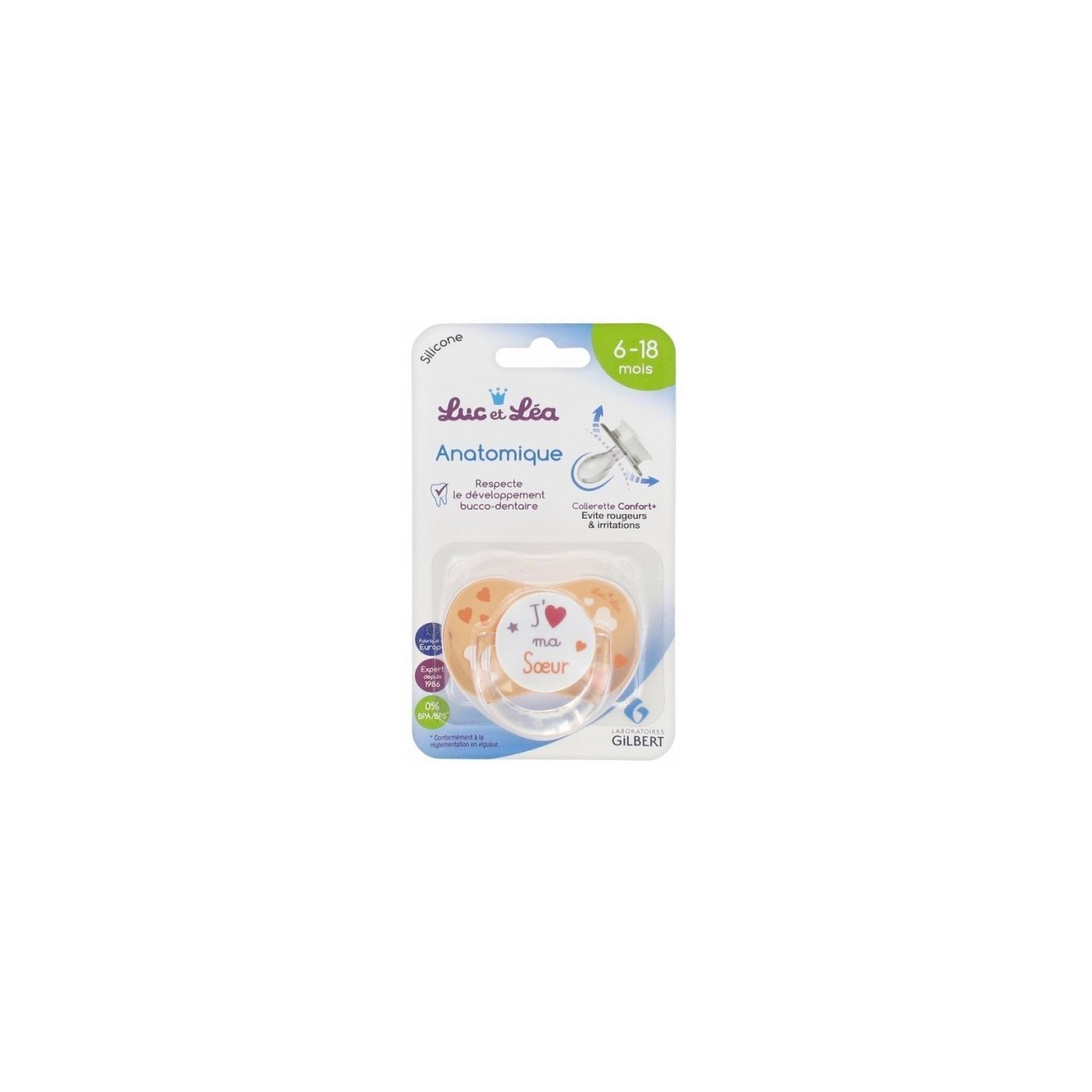 Luc et Léa Sucette silicone anatomique avec anneau 6-18 mois - J'aime ma sœur