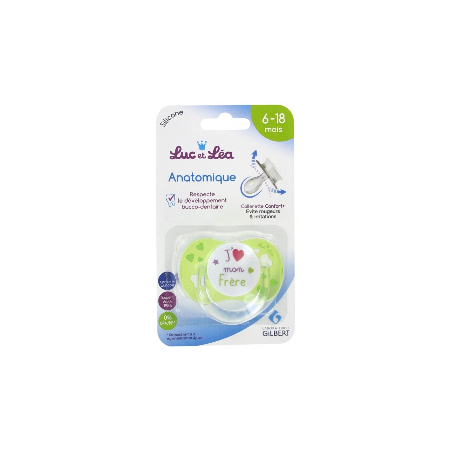 Luc et Léa Sucette silicone anatomique avec anneau 6-18 mois - J'aime mon frère