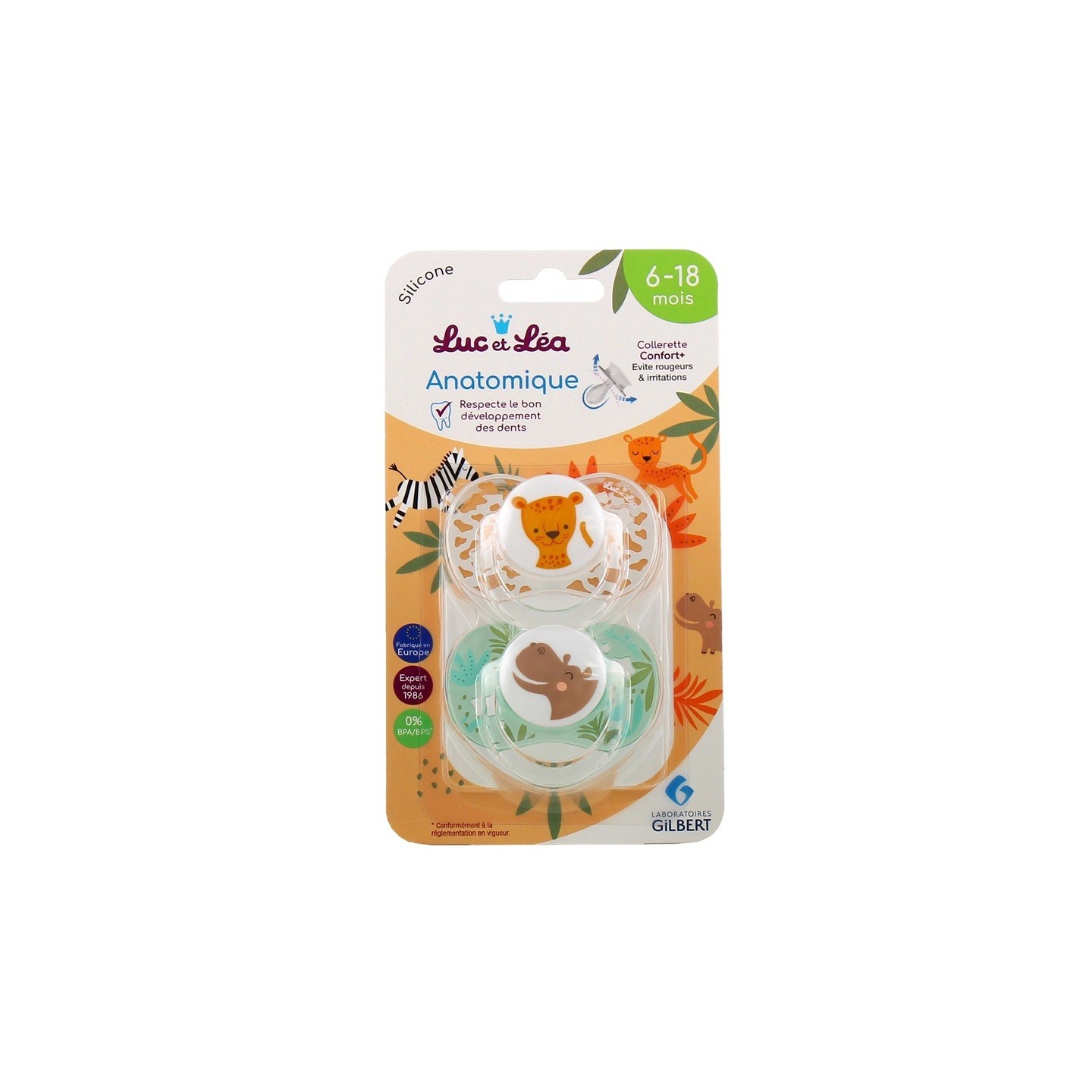 Luc et Léa Sucette silicone anatomique avec anneau 6-18m - x2 - Léopard & Hippopotame
