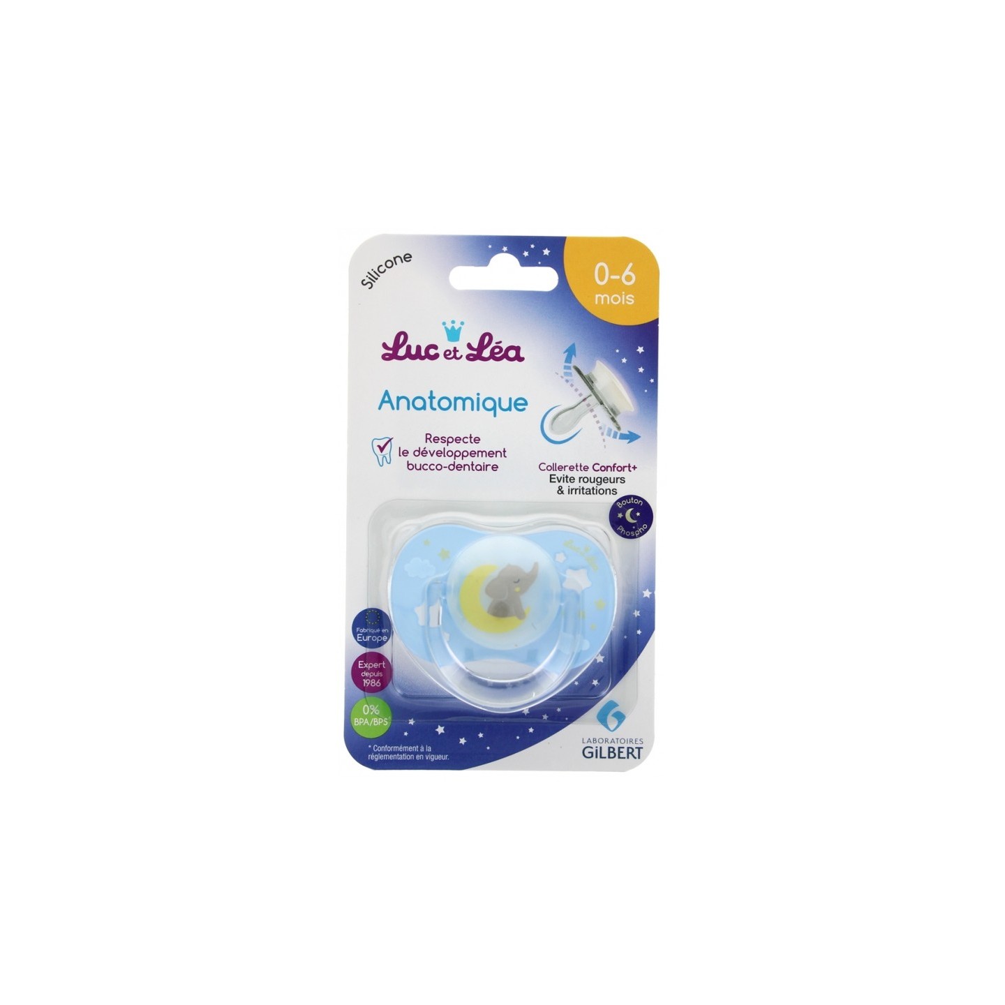 Luc et Léa Sucette silicone anatomique nuit avec anneau 0-6 mois - Éléphant Bleu
