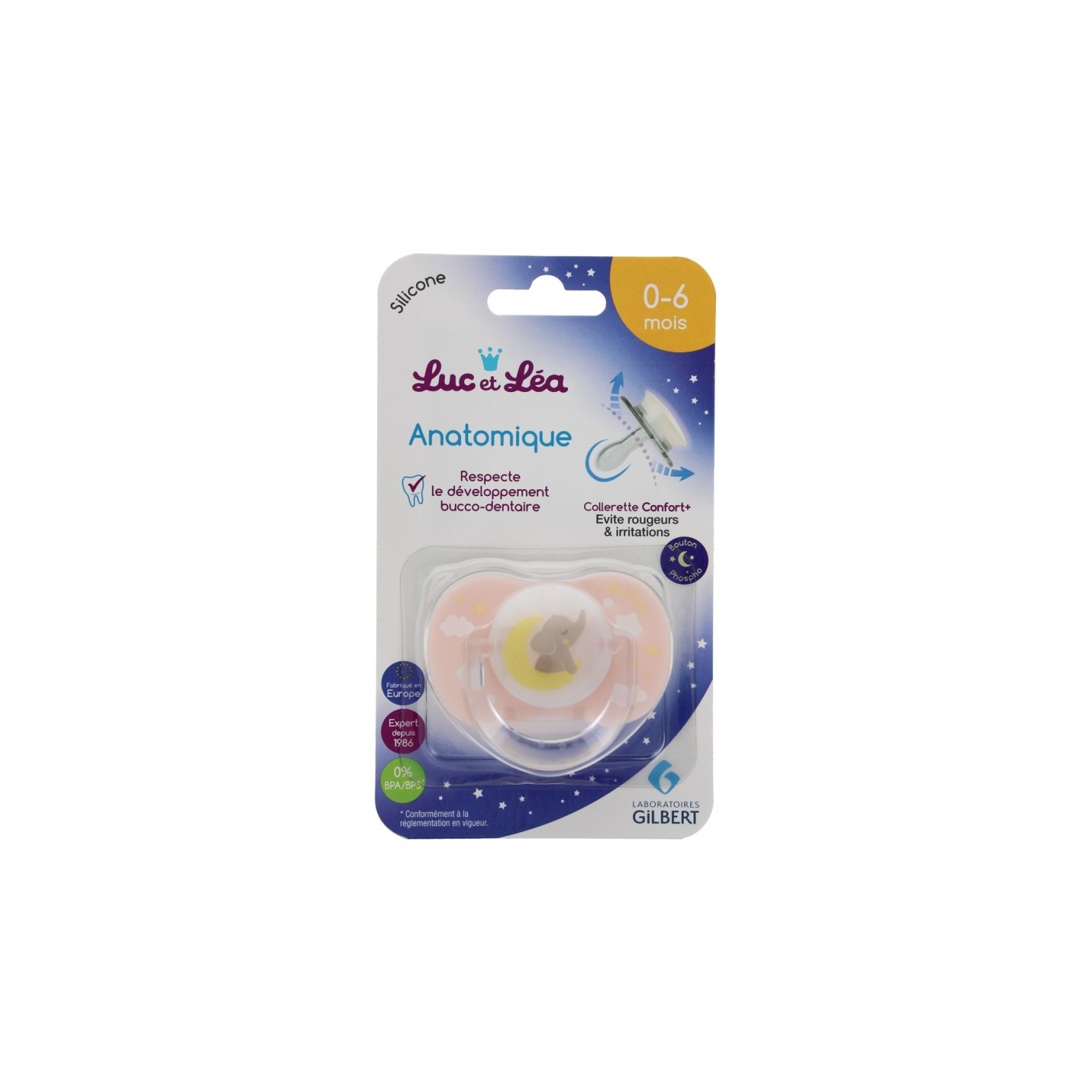 Luc et Léa Sucette silicone anatomique nuit avec anneau 0-6 mois - Éléphant Rose