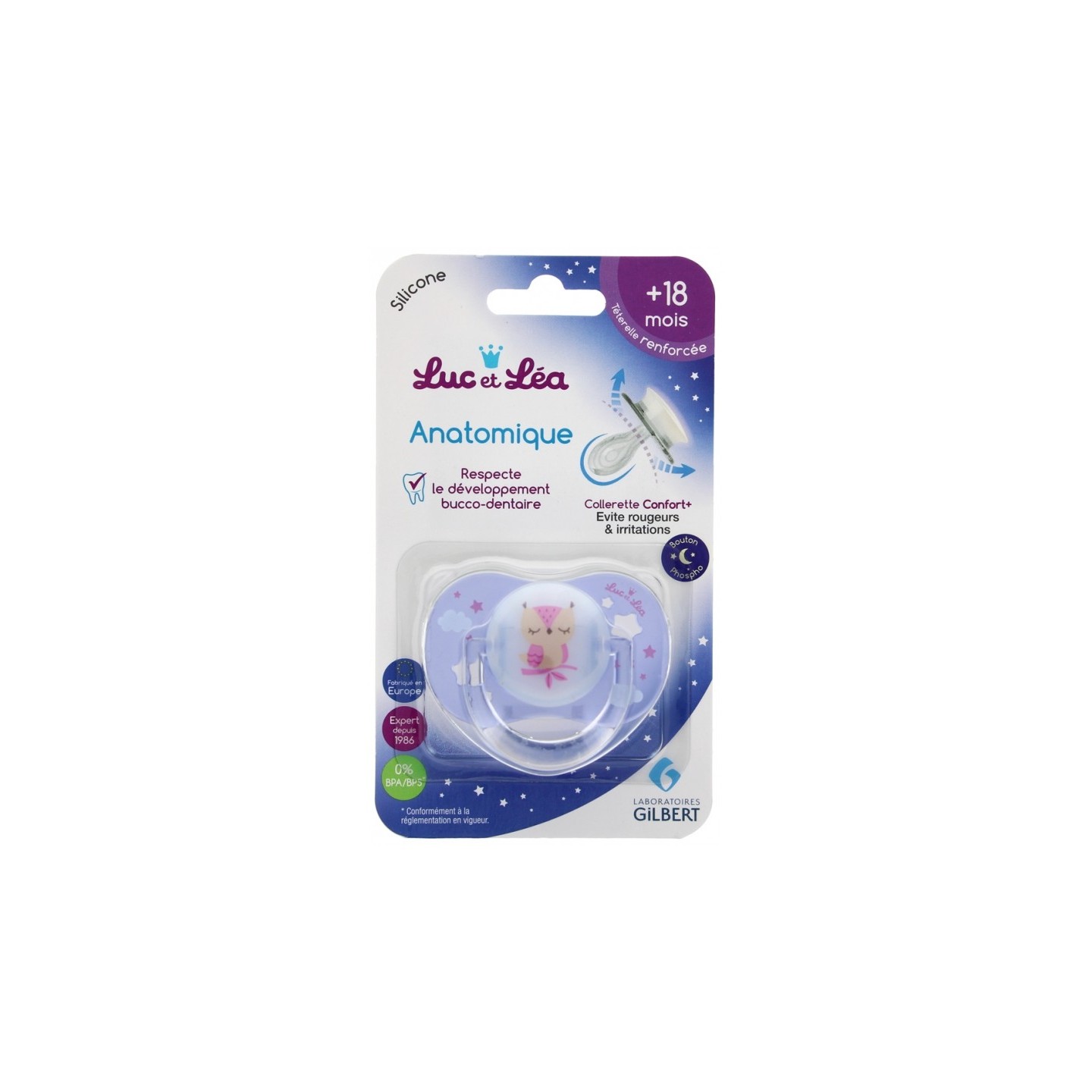 Luc et Léa Sucette silicone anatomique nuit avec anneau 18m+ - Chouette