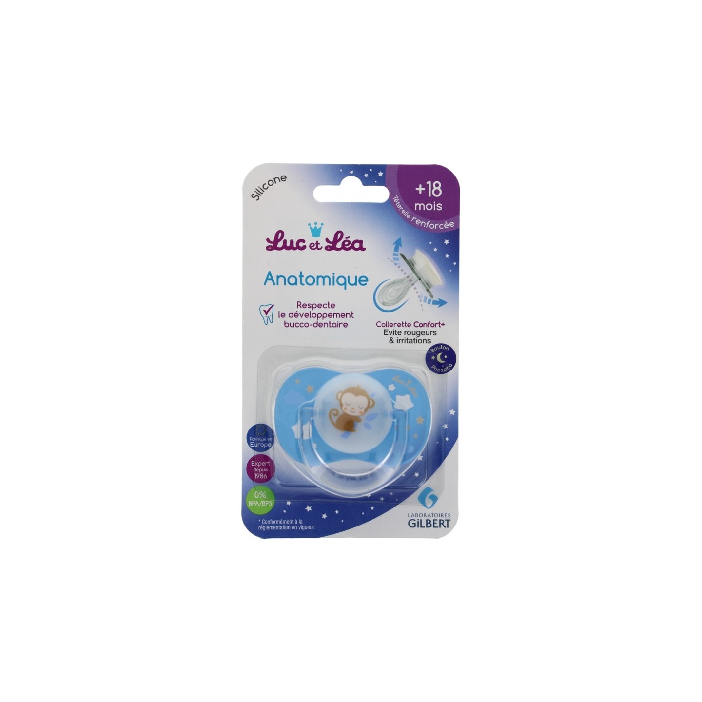Luc et Léa Sucette silicone anatomique nuit avec anneau 18m+ - Singe