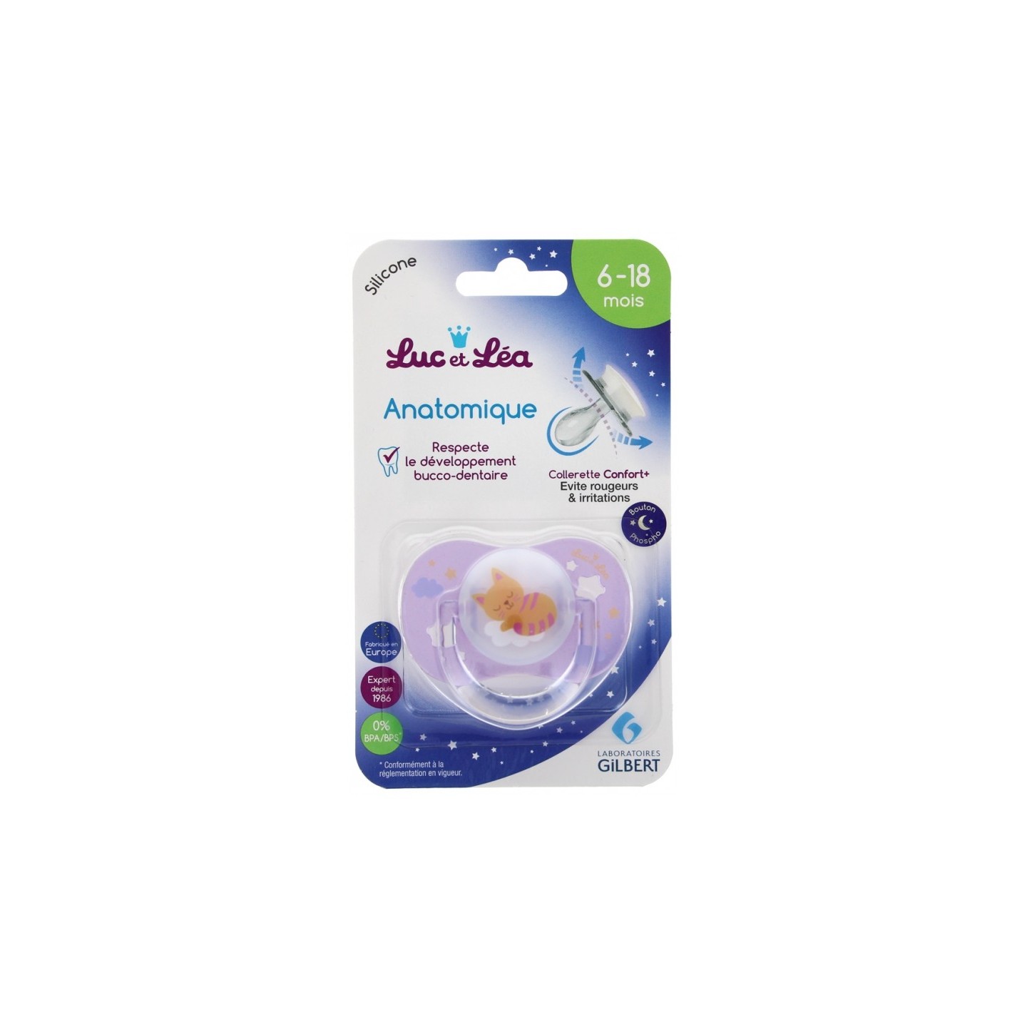 Luc et Léa Sucette silicone anatomique nuit avec anneau 6-18 mois - Chat