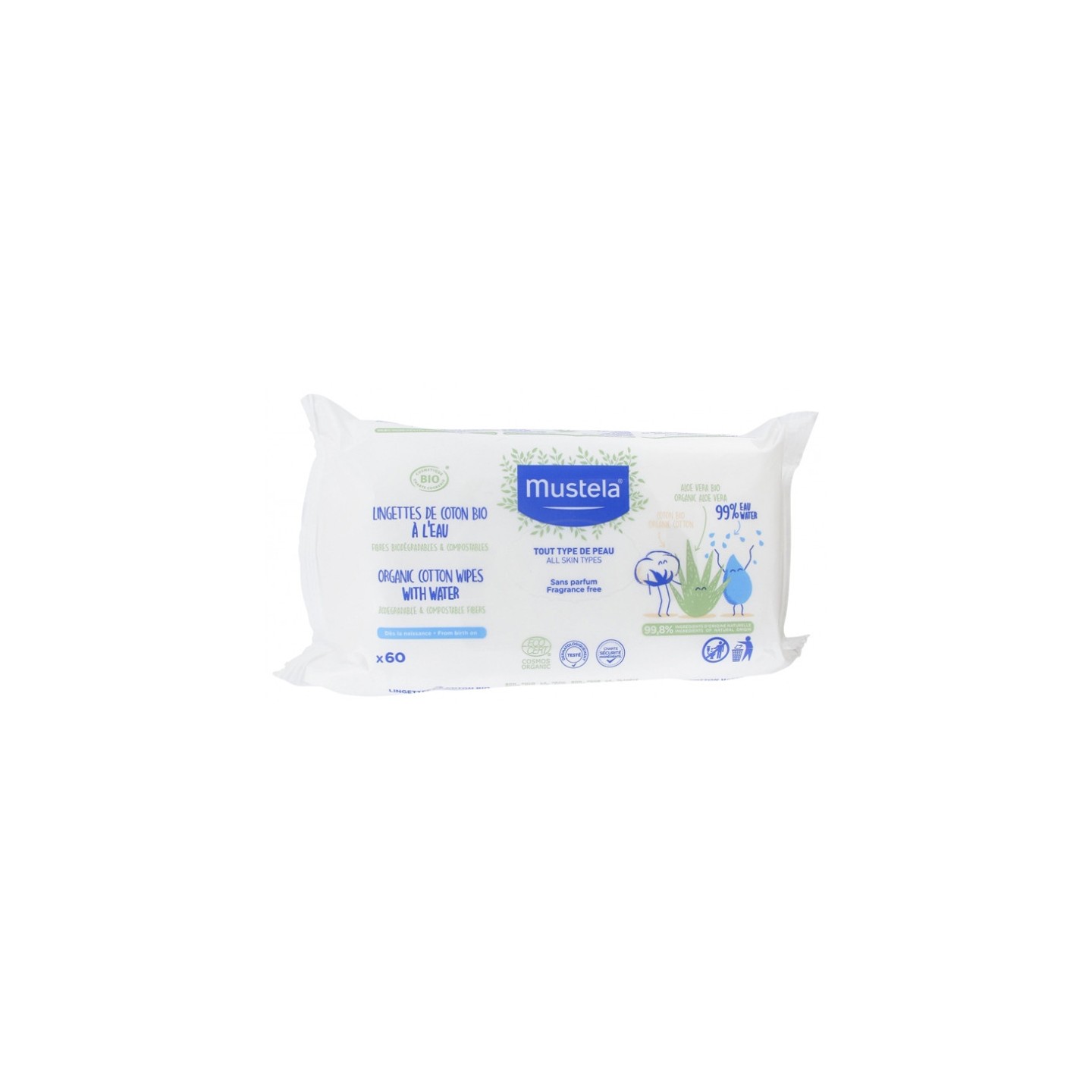 Mustela Lingettes de coton Bio à l'eau - X 60 lingettes