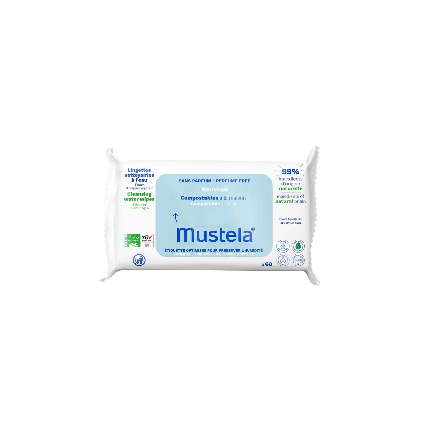 Mustela Lingettes nettoyantes compostables sans parfum - 60 unités