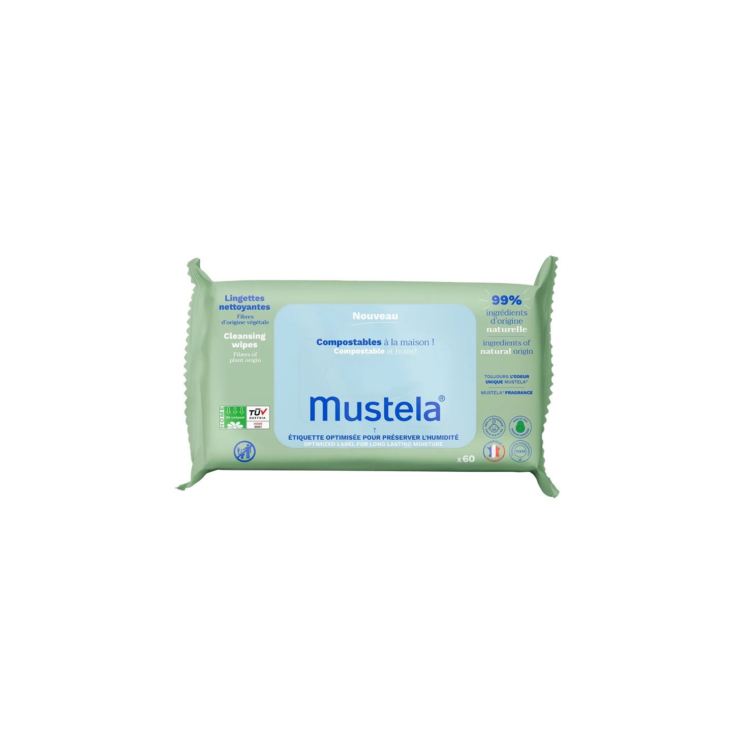 Mustela Lingettes nettoyantes parfumées compostables - 60 unités