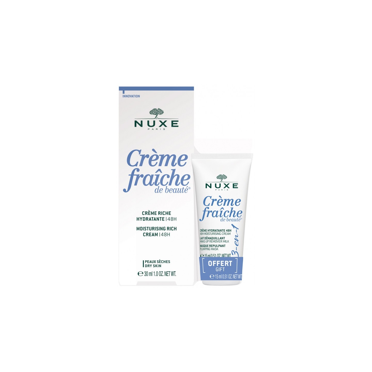 Nuxe Crème fraîche de beauté Crème riche hydratante 48h 30ml + 3en1 15 ml Offerte