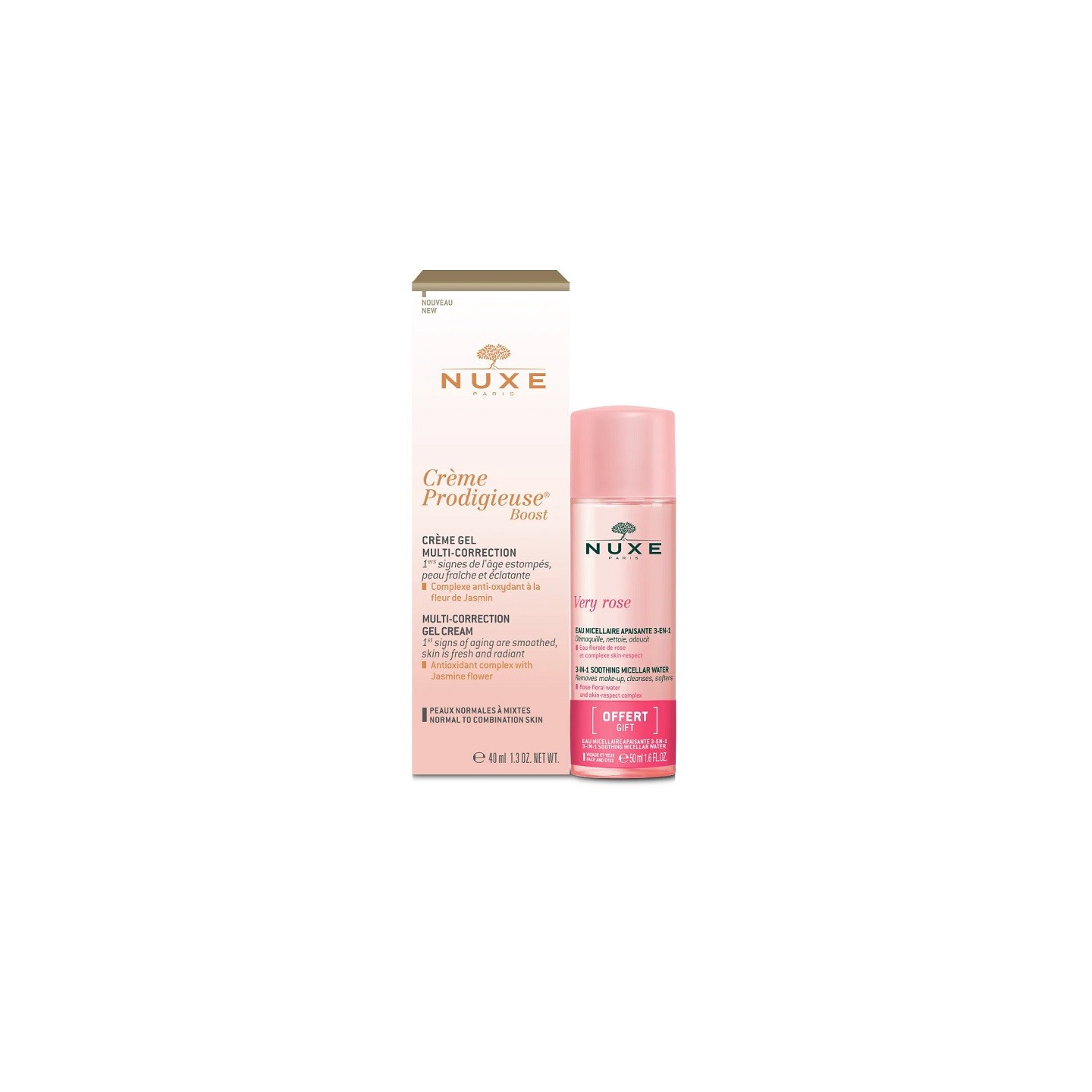 Nuxe Crème prodigieuse boost Crème gel multi-correction 40ml + Very Rose Eau micellaire apaisante 3-en-1 50ml Offerte