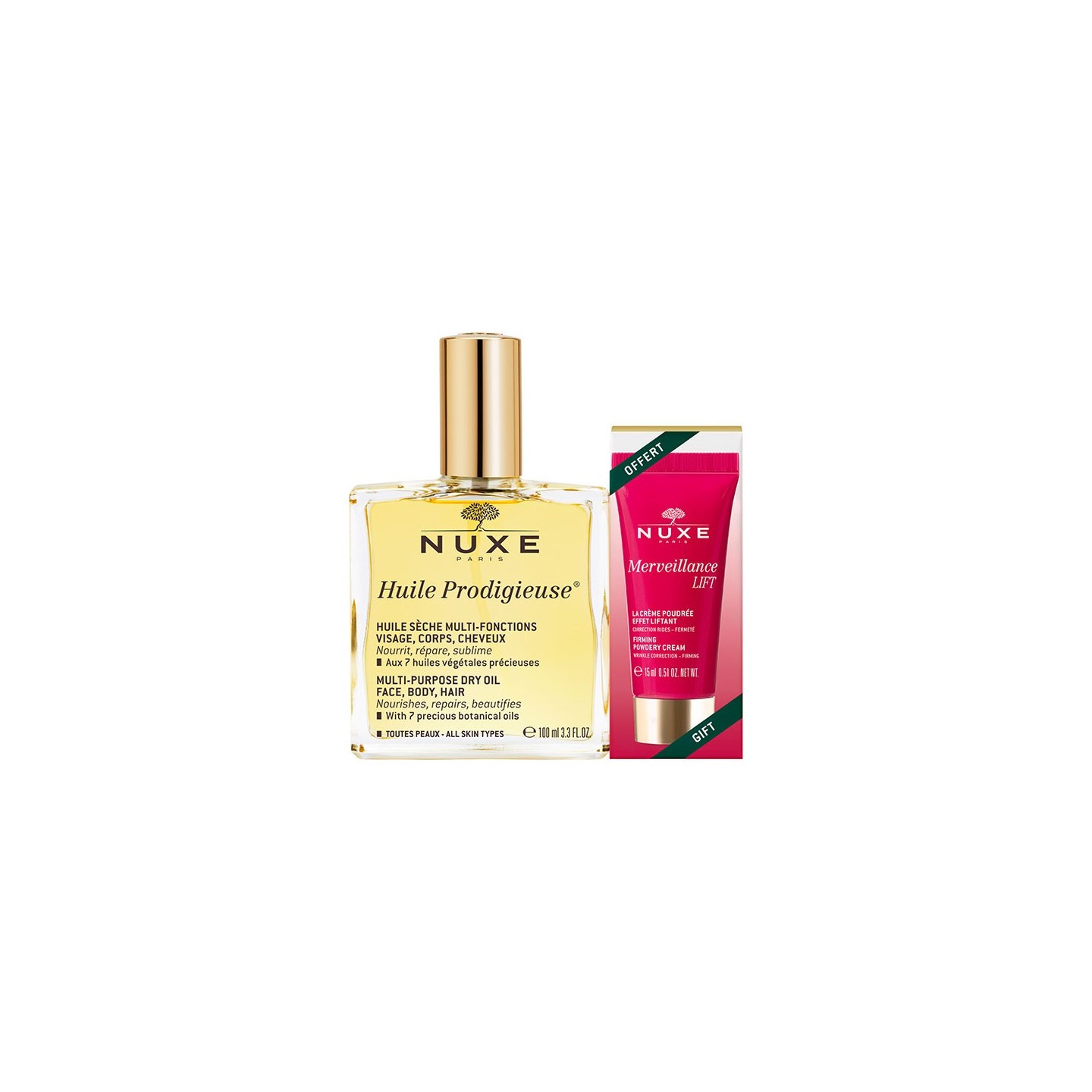 Nuxe Huile Prodigieuse 100ml + Crème Lift Merveillance 15ml Offerte