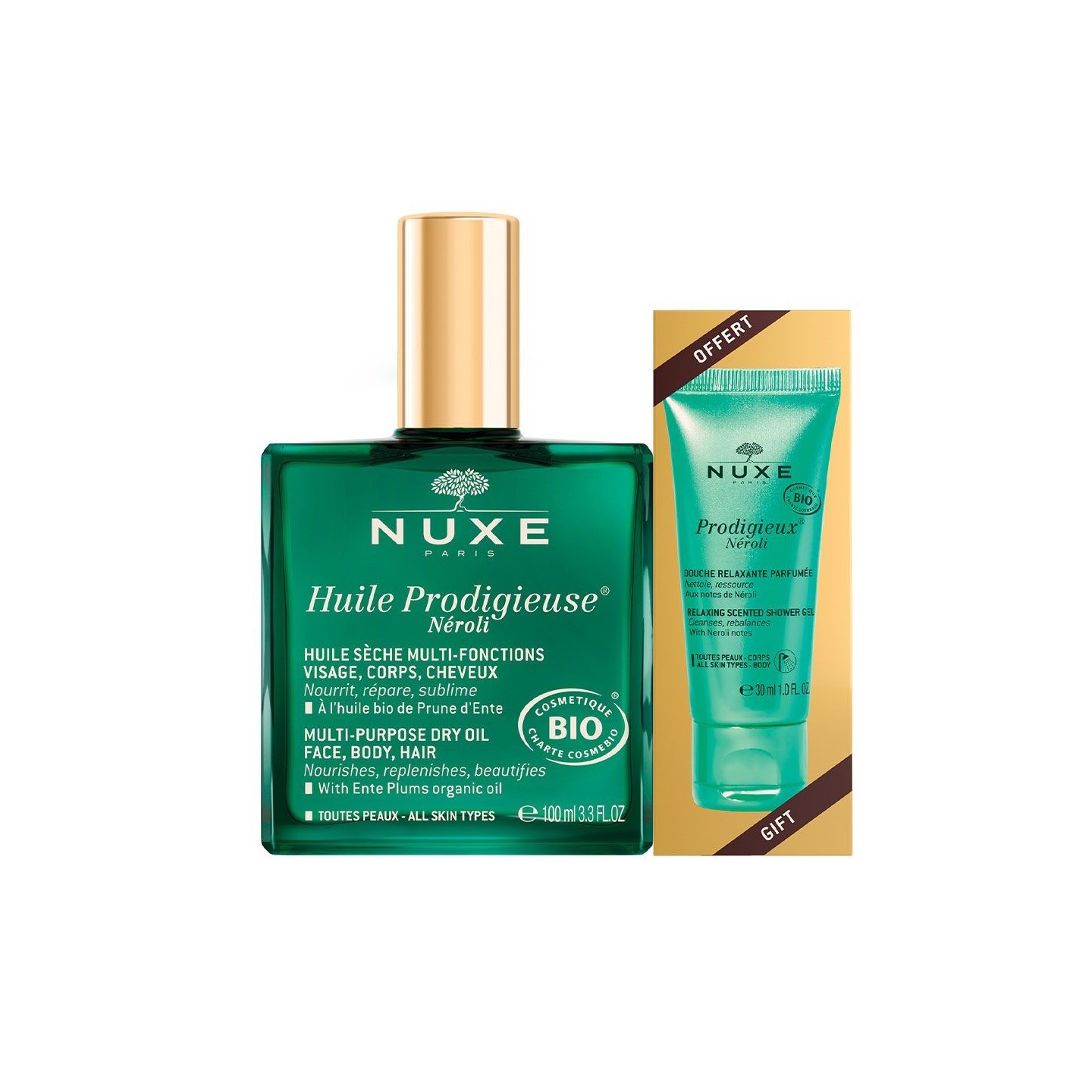 Nuxe Huile Prodigieuse Néroli Bio - 100ml + Gelée de douche Prodigieux Néroli Bio 30ml Offerte