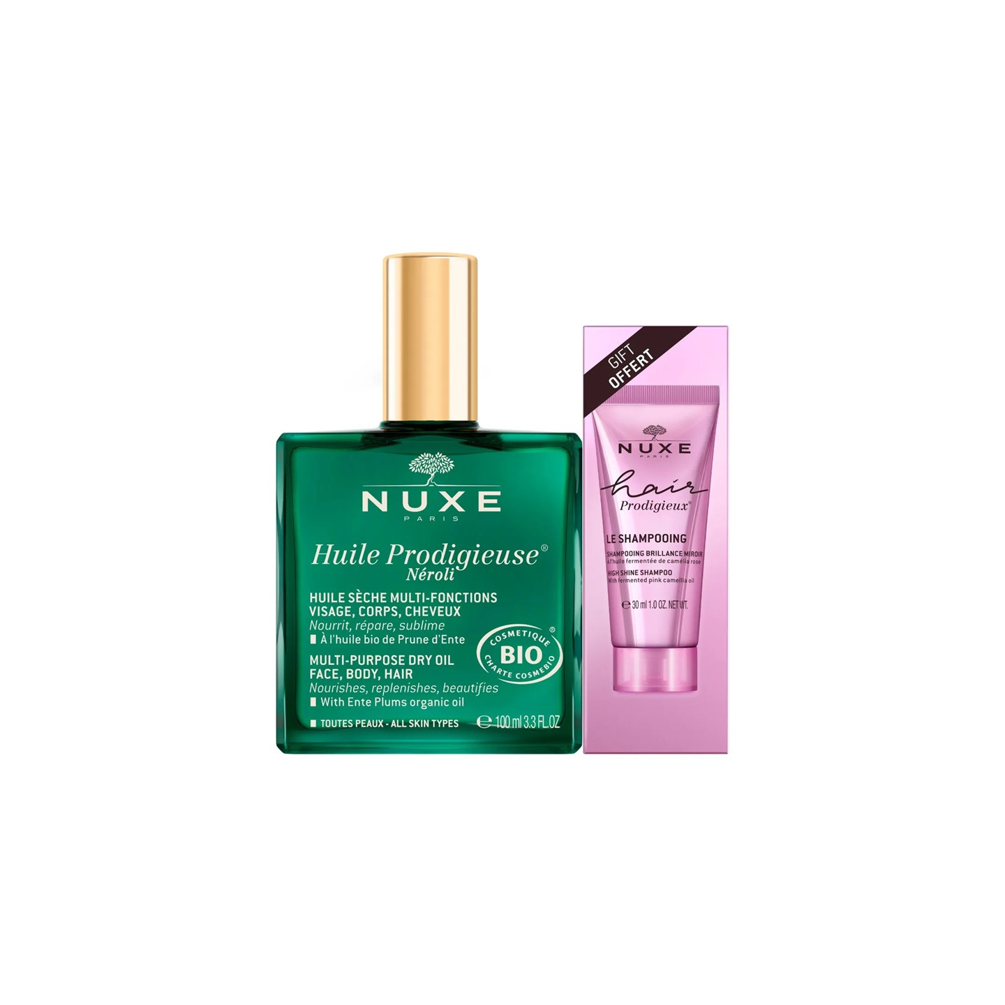 Nuxe Huile Prodigieuse® Néroli Bio - 100ml + Shampoing brillance miroir Hair Prodigieux 30ml Offert