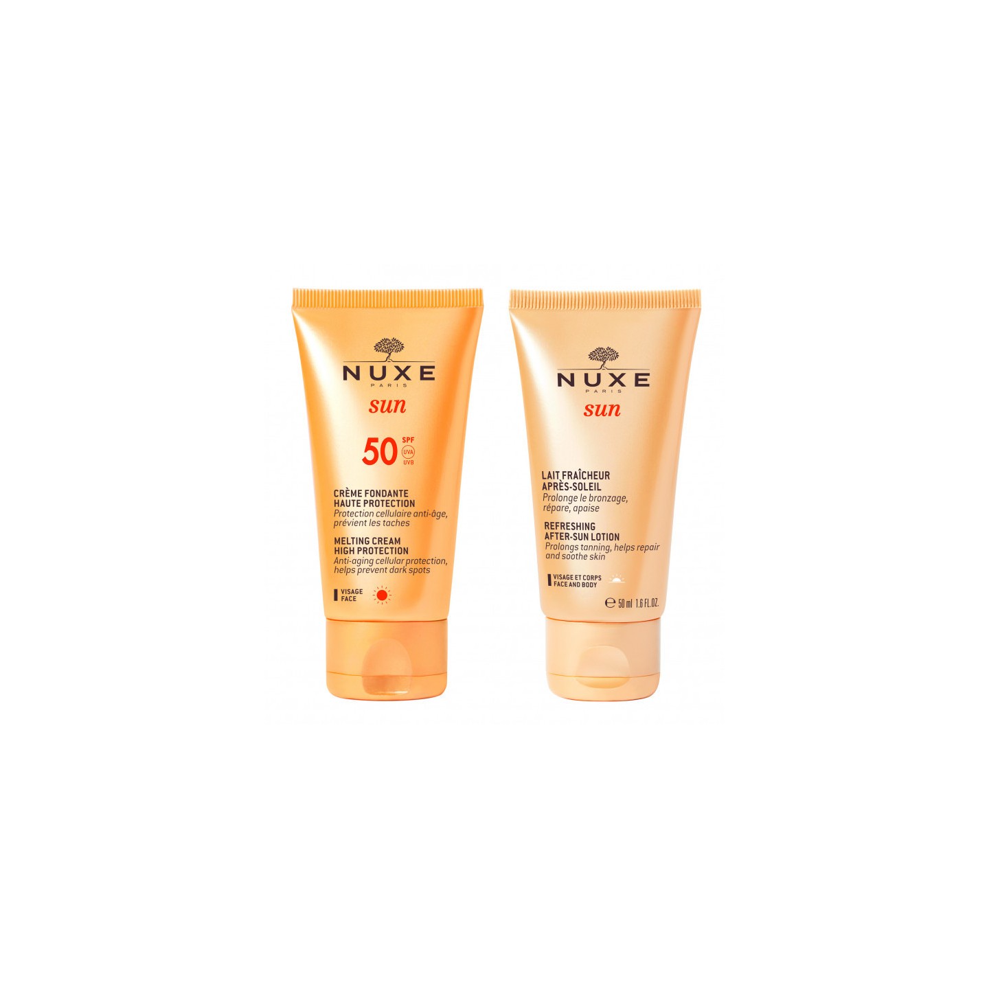 Nuxe Sun Crème fondante SPF50 50ml + Lait fraîcheur après-soleil 50ml Offert