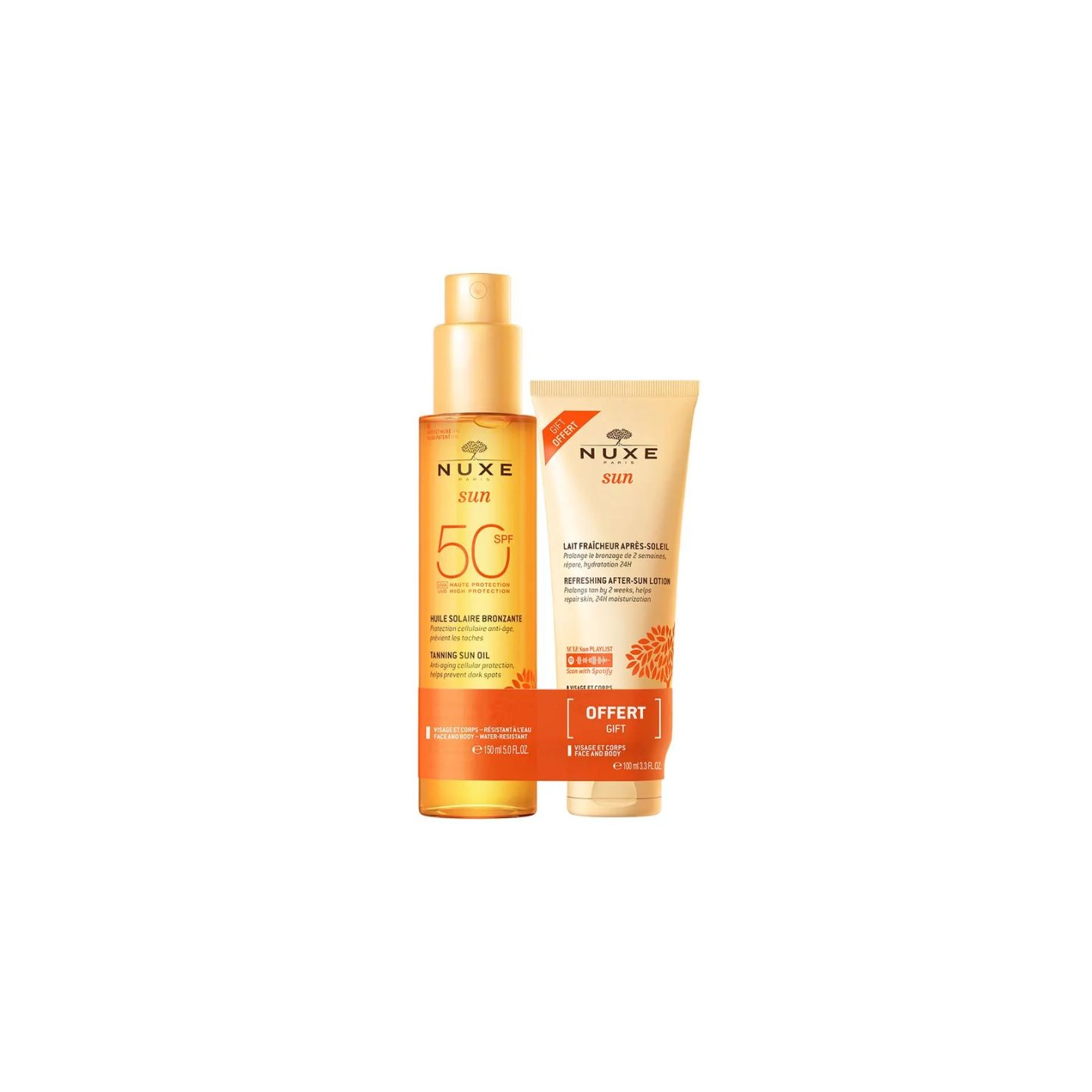 Nuxe Sun Huile solaire bronzante SPF50 150ml + Lait fraîcheur après-soleil 50ml Offert