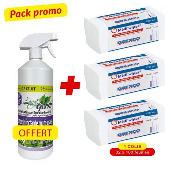 PACK 1 COLIS ESSUIE-MAINS + 1 SPRAY DÉSINFECTANT 0-GERM MAIN & SURFACE