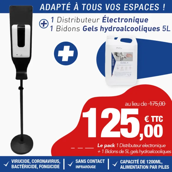 PACK DISTRIBUTEUR GEL HYDROALCOOLIQUE SUR PIED "DESIGN BLACK"