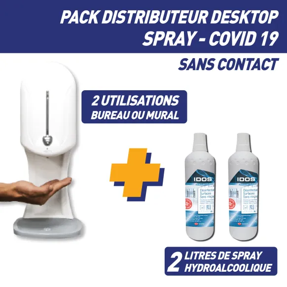 PACK DISTRIBUTEUR SPRAY HYDROALCOOLIQUE DESKTOP SANS CONTACT + 2 RECHARGES