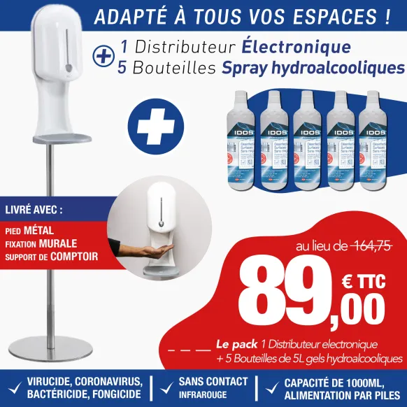 PACK DISTRIBUTEUR SPRAY HYDROALCOOLIQUE SANS CONTACT + 5 RECHARGES