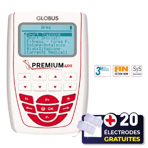 PACK ELECTROSTIMULATEUR PREMIUM 400 GLOBUS + 20 ÉLECTRODES OFFERTES