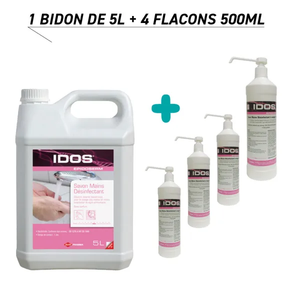 PACK SAVON MAINS DÉSINFECTANT HAUTE FREQUENCE 5 LITRES + 4 FLACONS DE SAVON 500 ML