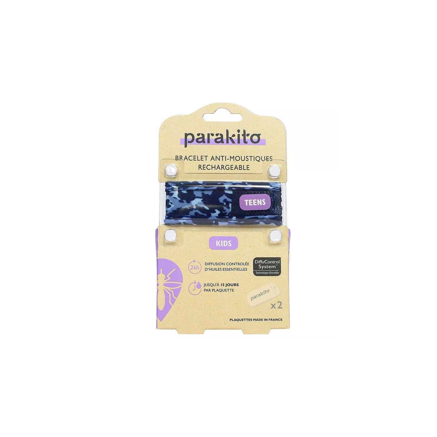 Parakito Teens Bracelet anti-moustiques bleu camouflage + 2 recharges
