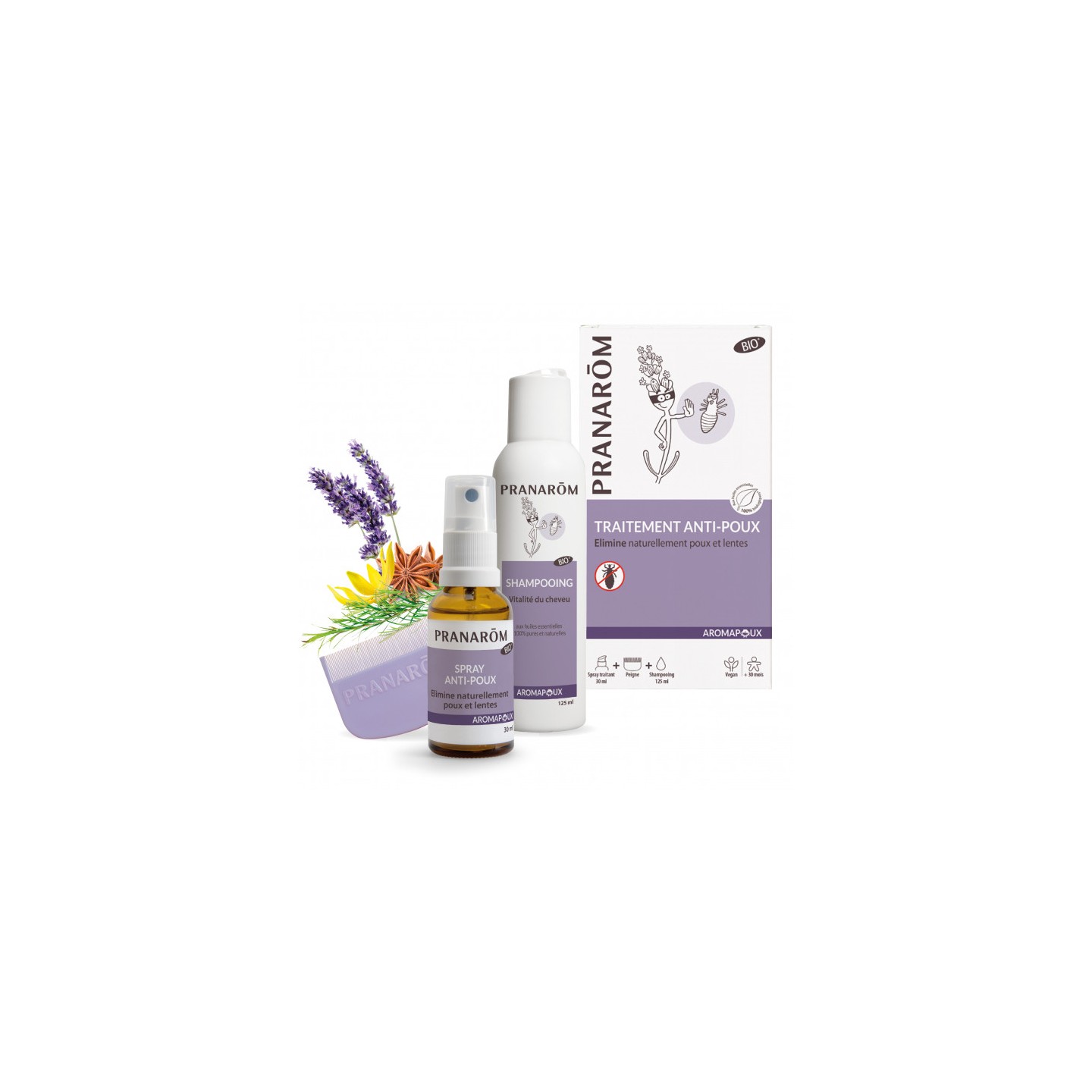Pranarôm Aromapoux Traitement anti-poux 2 en 1 Bio - 1 spray + 1 peigne + 1 shampoing