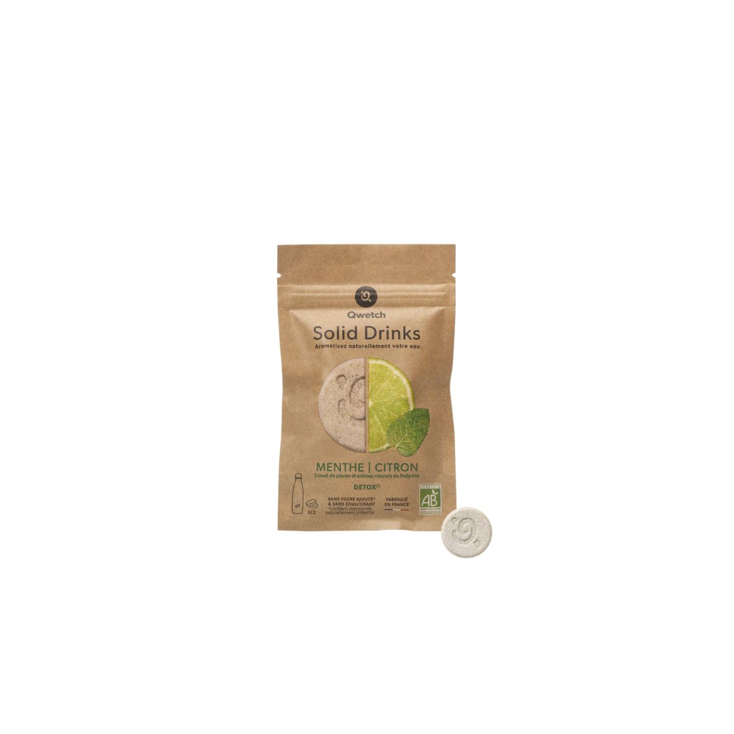 Qwetch Solid Drinks Détox saveur menthe-citron - Sachet de 12 pastilles