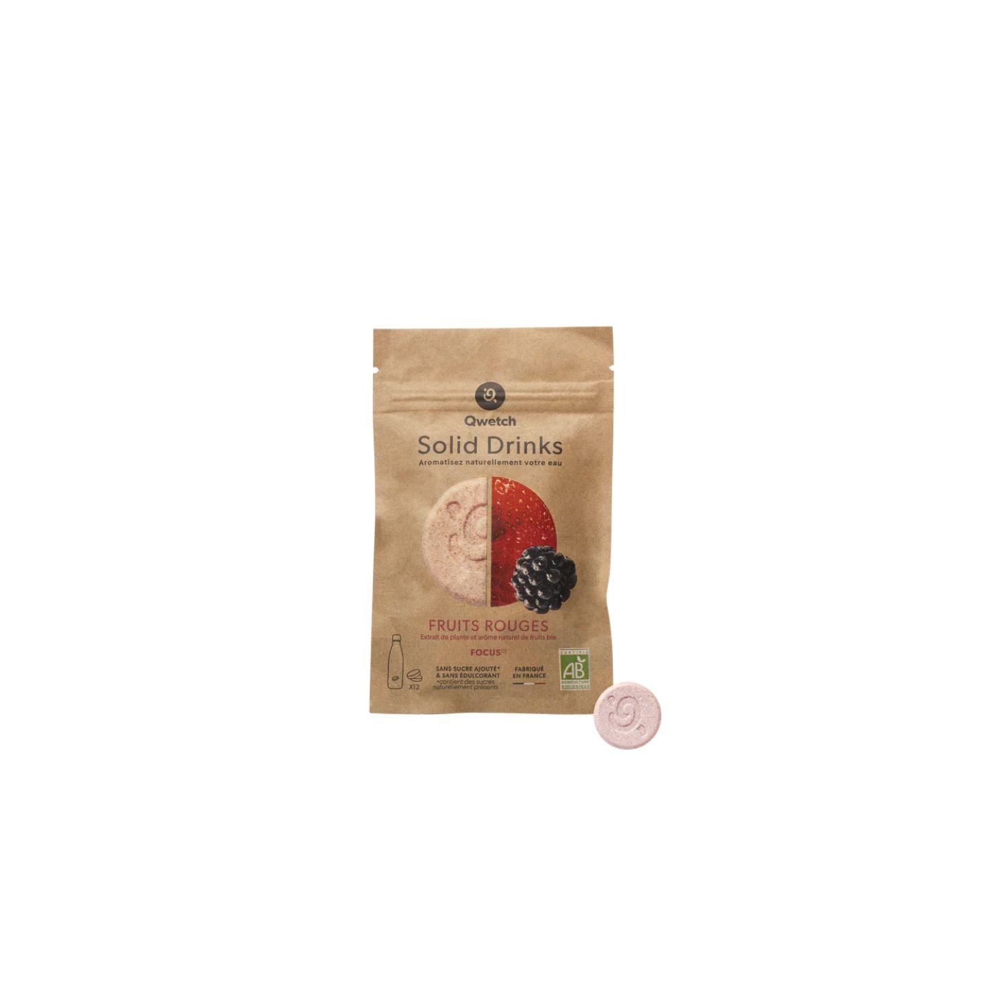 Qwetch Solid Drinks Focus saveur fruits rouges - Sachet de 12 pastilles