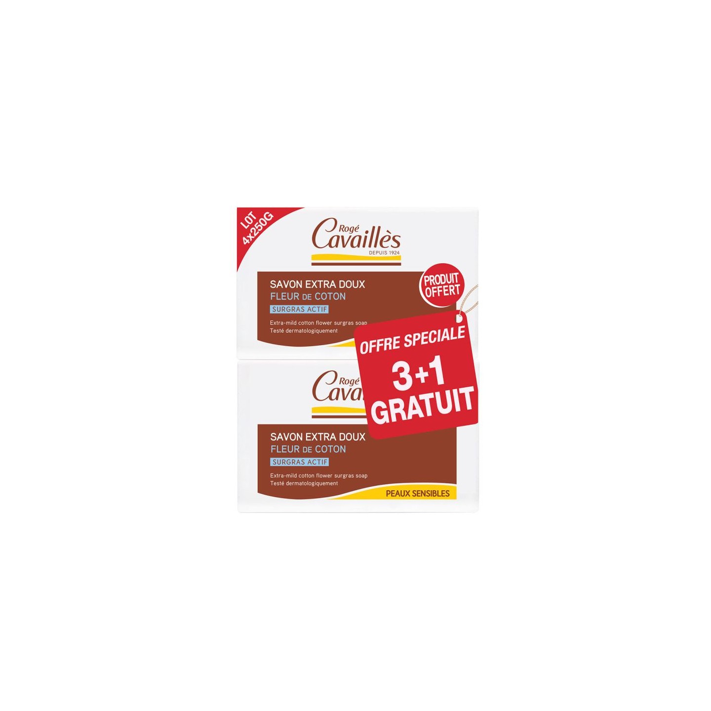 Rogé Cavaillès Savon surgras fleur de coton - 3 x 250g + 1 Gratuit