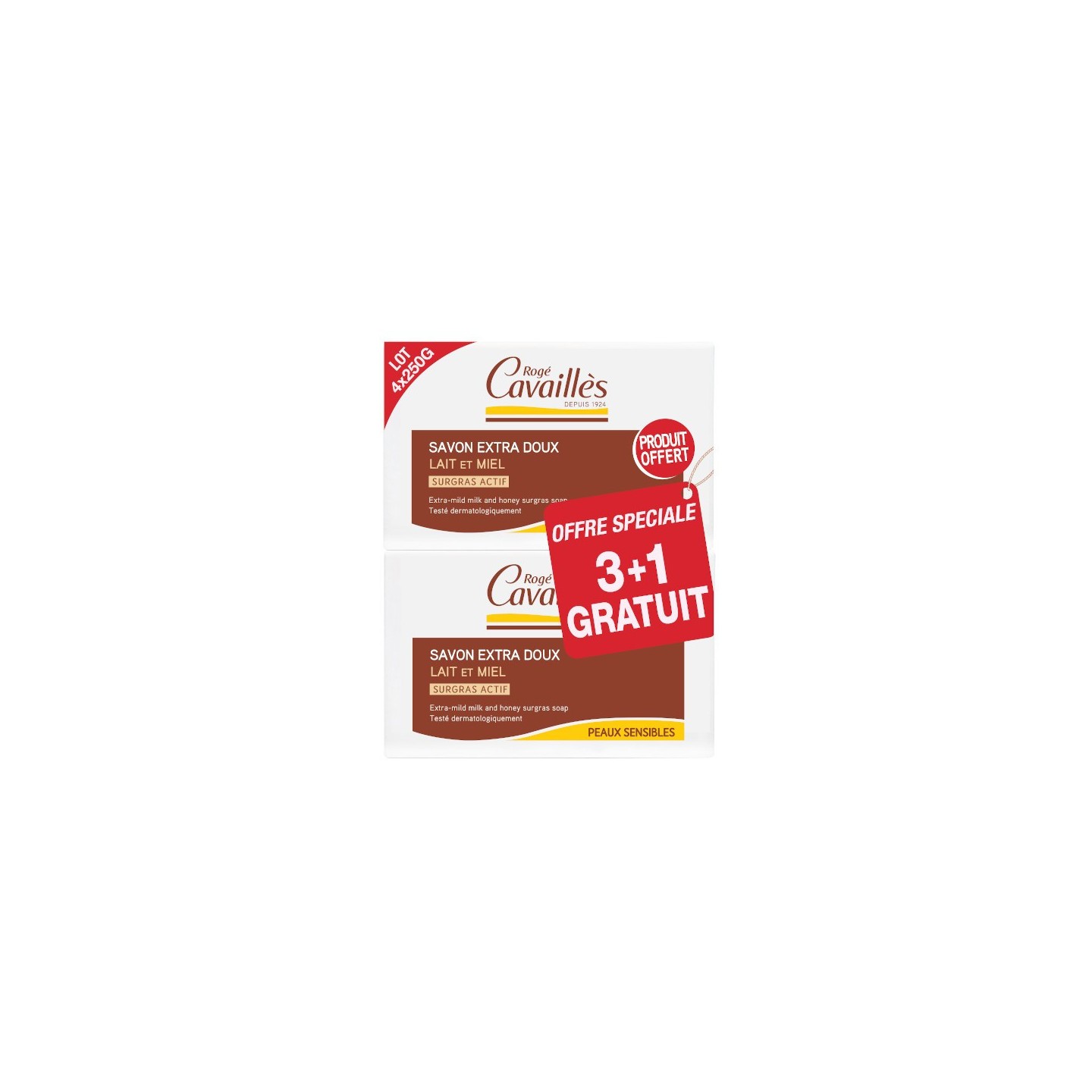 Rogé Cavaillès Savon surgras lait et miel - 3 x 250g + 1 Gratuit
