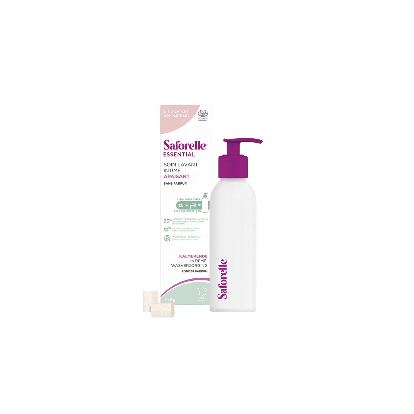 Saforelle Essential Soin lavant intime apaisant - Kit à reconstituer - 1 flacon + 2 bâtonnets