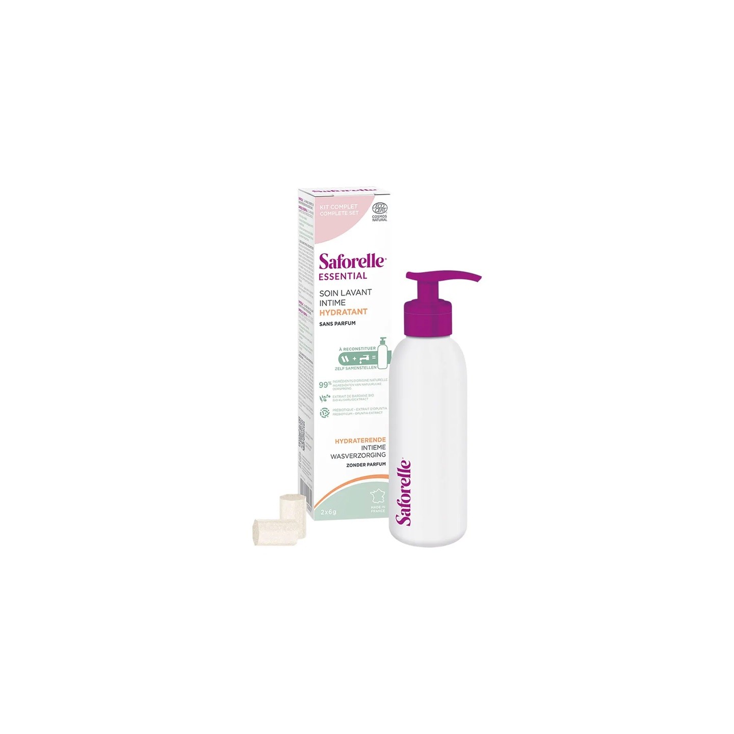 Saforelle Essential Soin lavant intime hydratant - Kit à reconstituer - 1 flacon + 2 bâtonnets