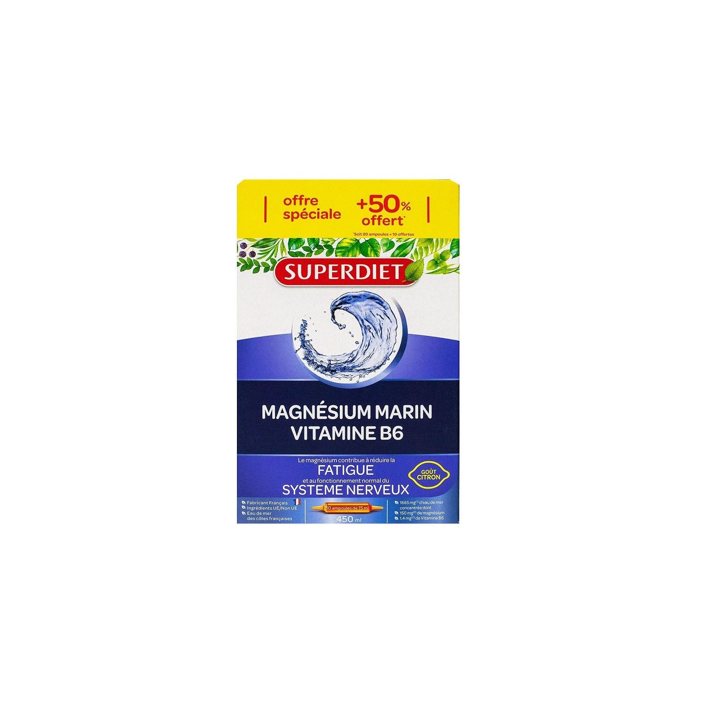 Superdiet Magnésium marin + Vitamine B6 - 20 ampoules + 10 ampoules Offertes