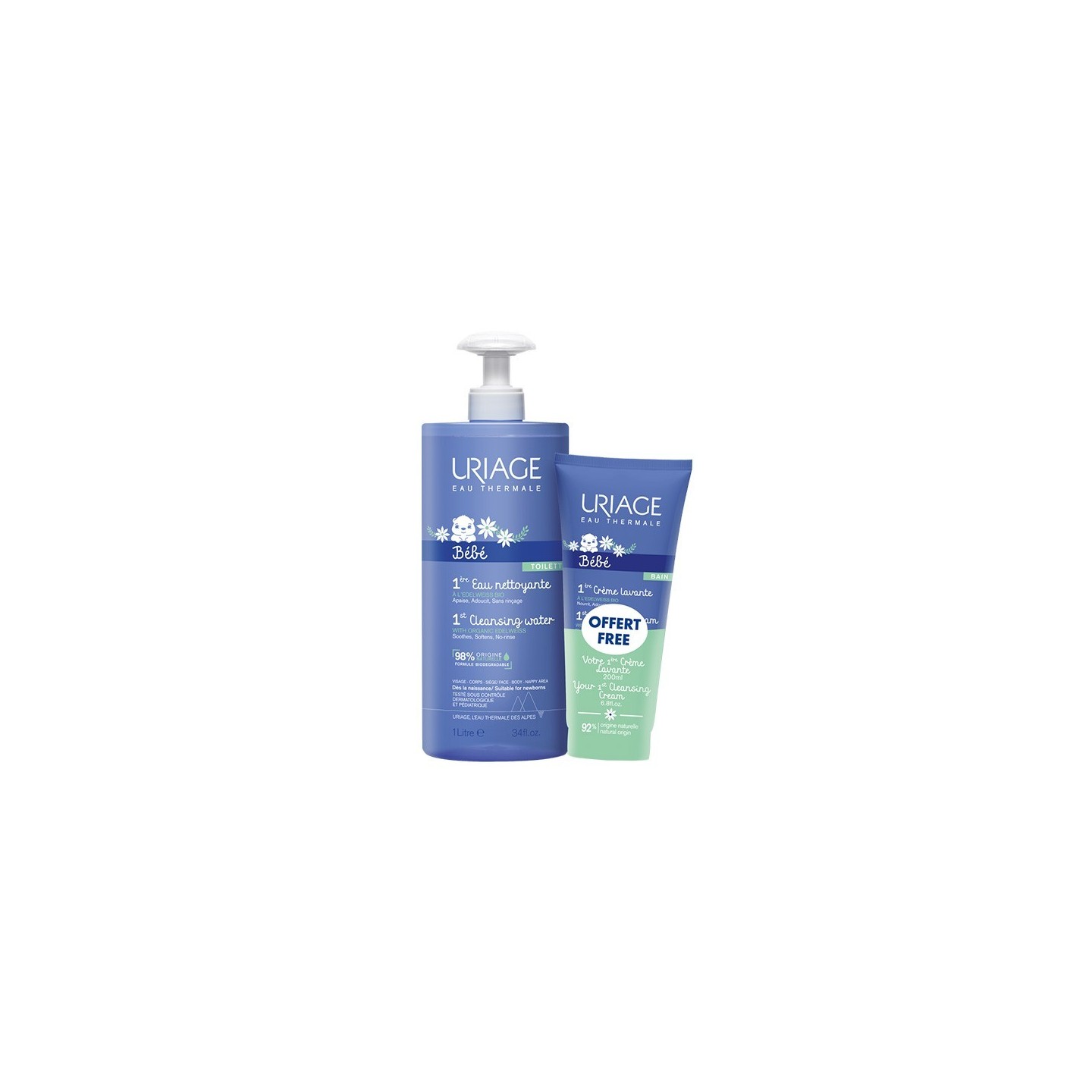 Uriage Bébé 1ère Eau nettoyante 1L + 1ère Crème lavante 200ml Offerte
