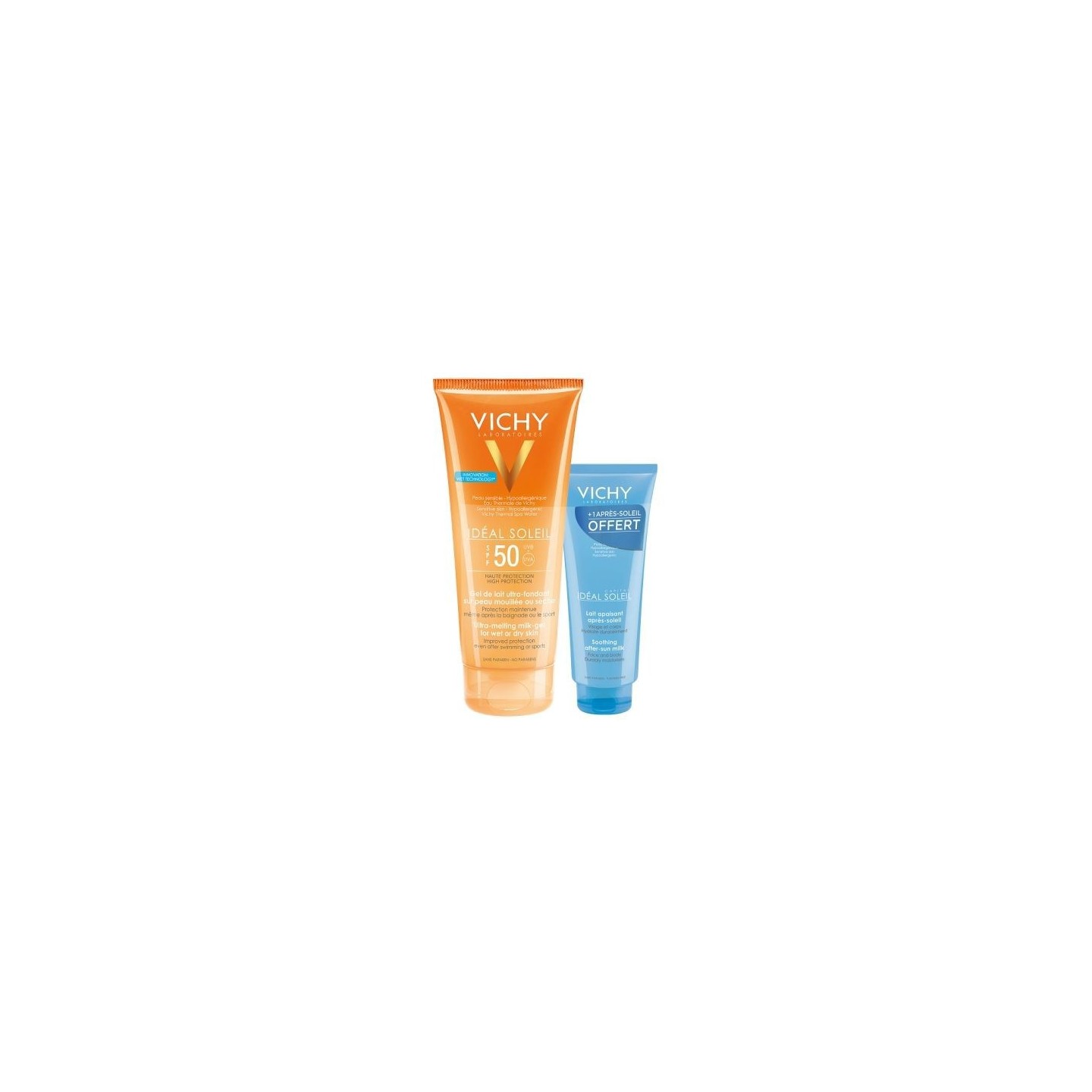Vichy idéal soleil gel de lait sfp 50 + après soleil offert