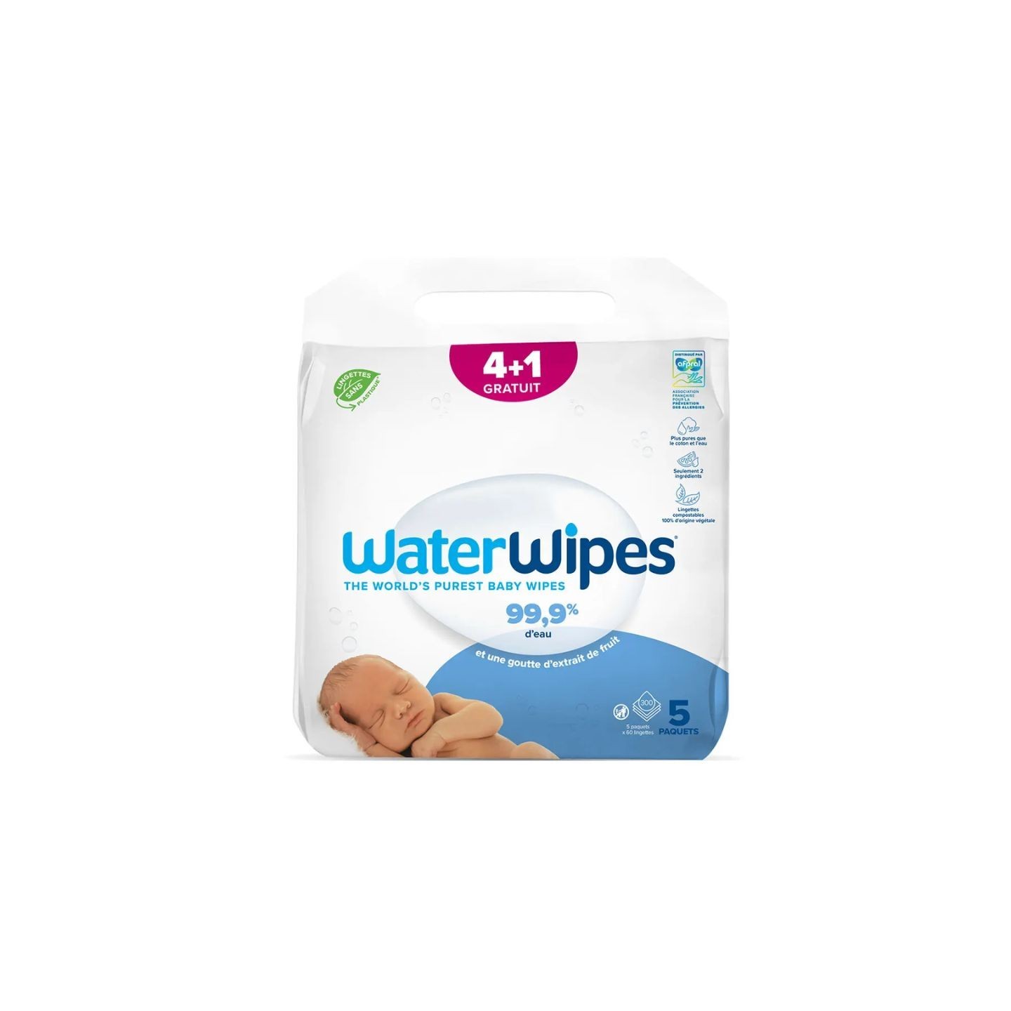 WaterWipes Lingettes à l'eau - 4 x 60 lingettes + 1 Offert