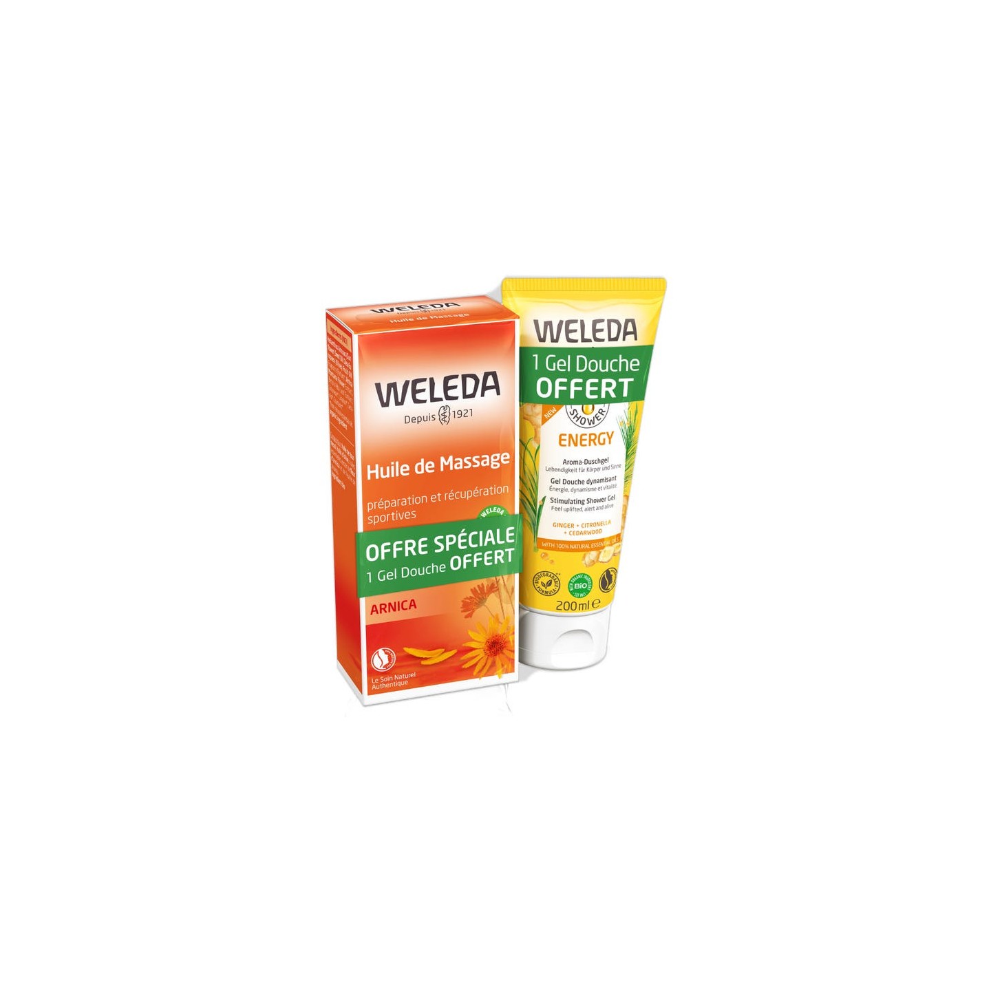 Weleda Huile de massage à l'Arnica 200ml + Gel douche dynamisant 200ml Offert